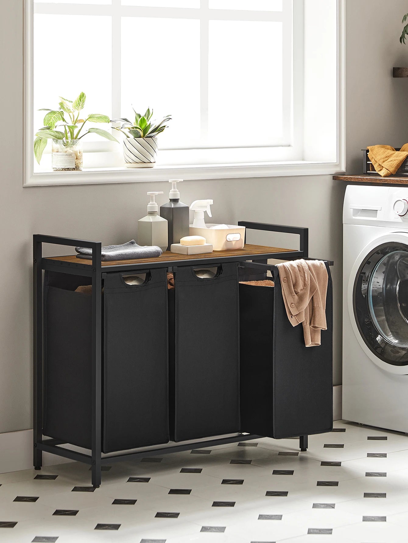 3-Bag Laundry Sorter with Rustic Wood Top. Large Laundry Hamper
