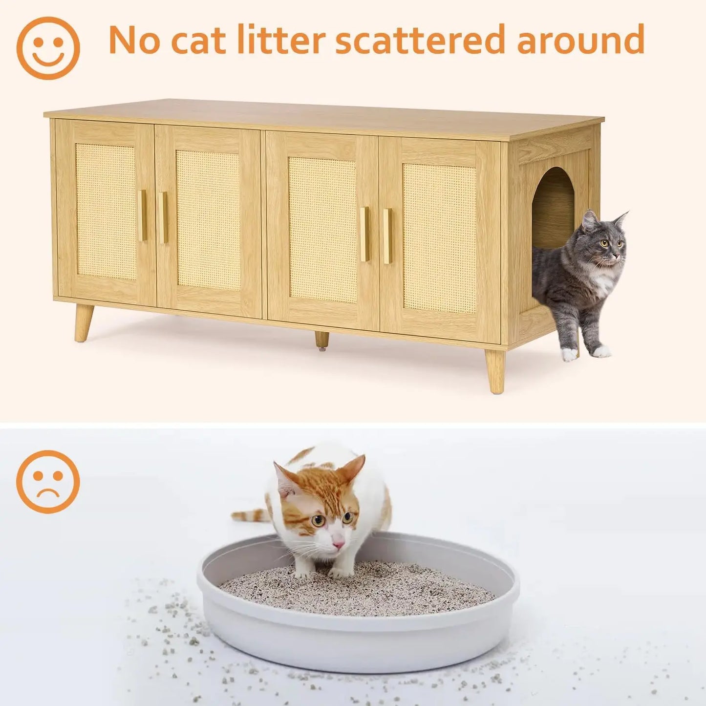 Homhedy Boho Cat Litter Box Enclosure for 2 Cats Litter Box Furniture Hidden with Double Rattan Decorated Doors,Wooden Cat