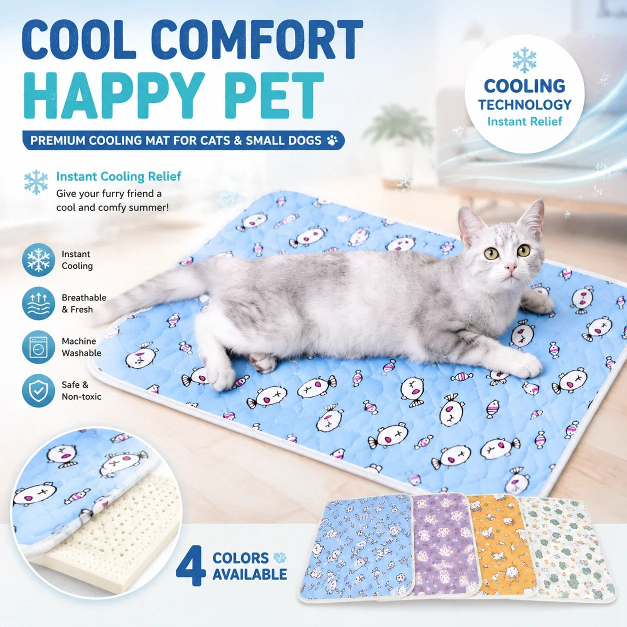 Cute Cartoon Cooling Sleeping Mat for Dogs & Cats. Soft Breathable Summer Pet Bed Pad