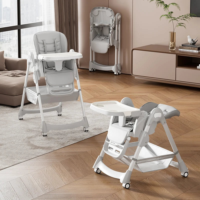 Foldable Adjustable Baby High Chair with PU Leather Seat, Removable Tray & Safety Harness  Description: