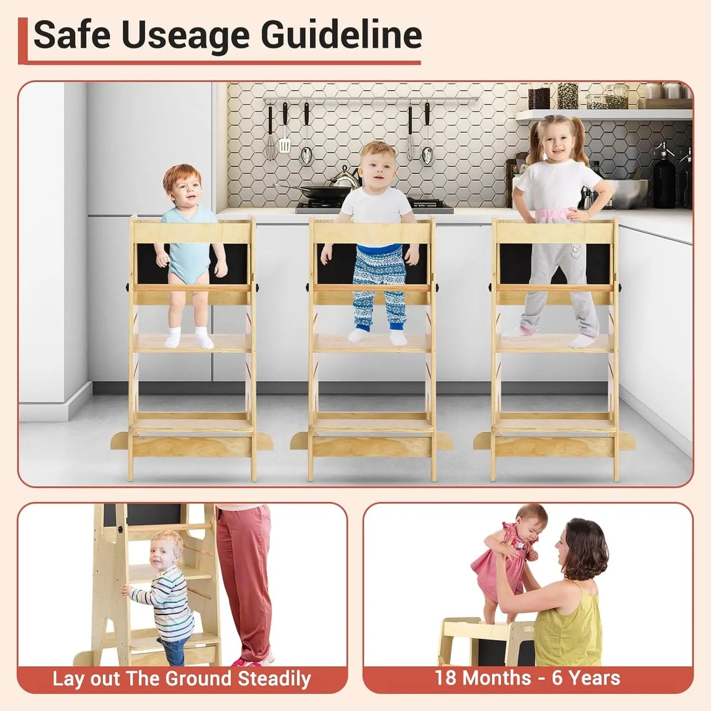Wooden Kids Kitchen Step Stool with Blackboard & Safety Rails | Adjustable Montessori Learning Helper for Toddlers