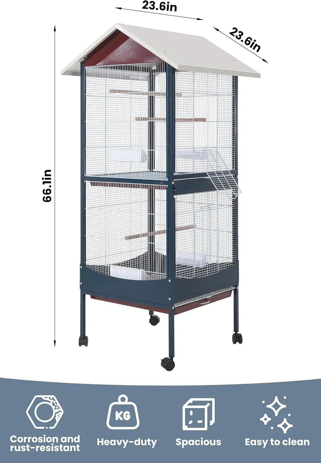 66-Inch Extra-Large Bird Cage with Waterproof Roof & Rolling Stand