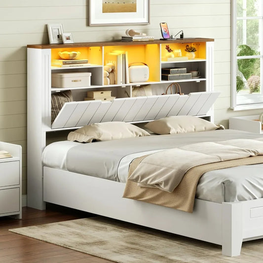 Queen Headboard Only, Bookcase Headboards with Charging Station and LED Lights, Farmhouse Headboard Queen Size with Storage