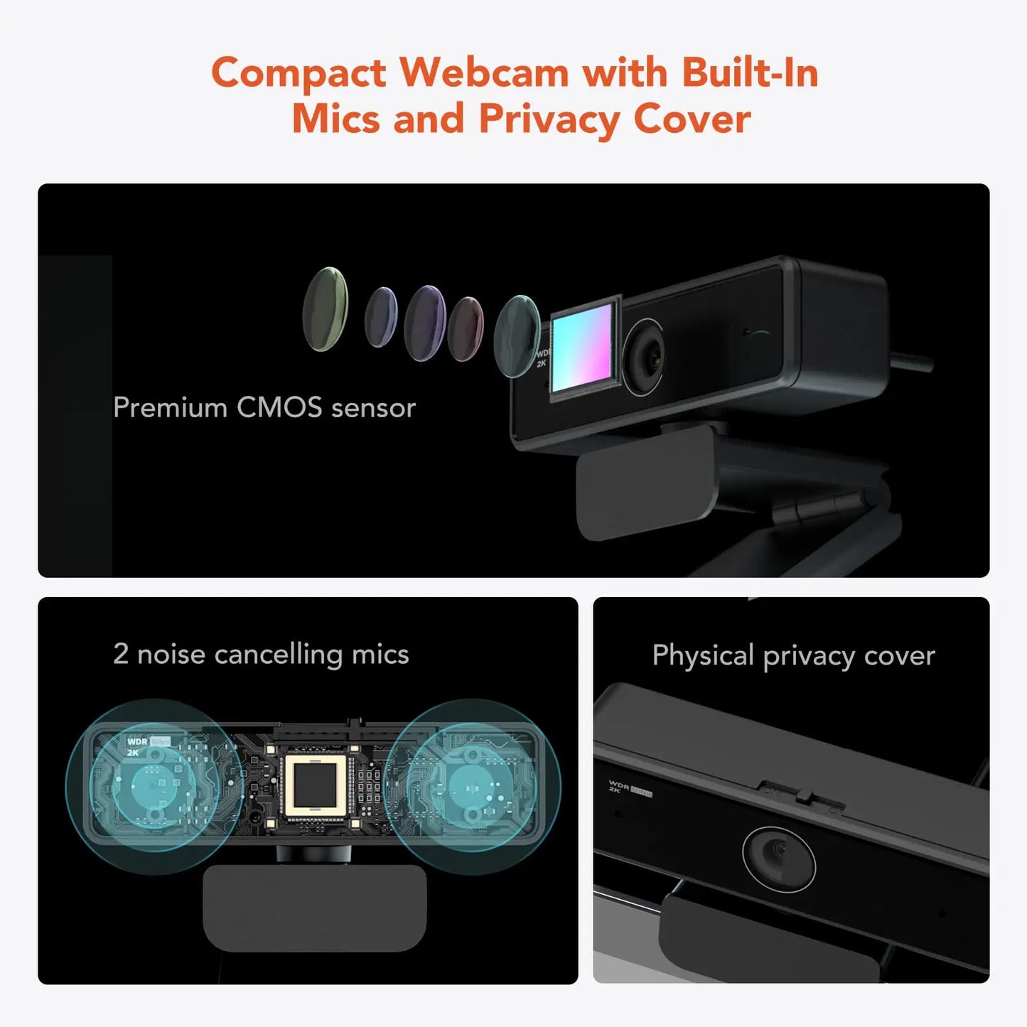 Nuroum 2K QHD 1440P AI Webcam with Noise-Canceling Microphones, Auto Focus & Privacy Cover