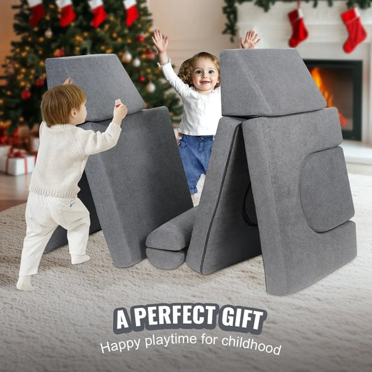 Kids Couch, 10Pcs Modular Kids Play Couch, Toddler Couch Sofa Bed, Kids Chair Seat Playroom Furniture, Grey