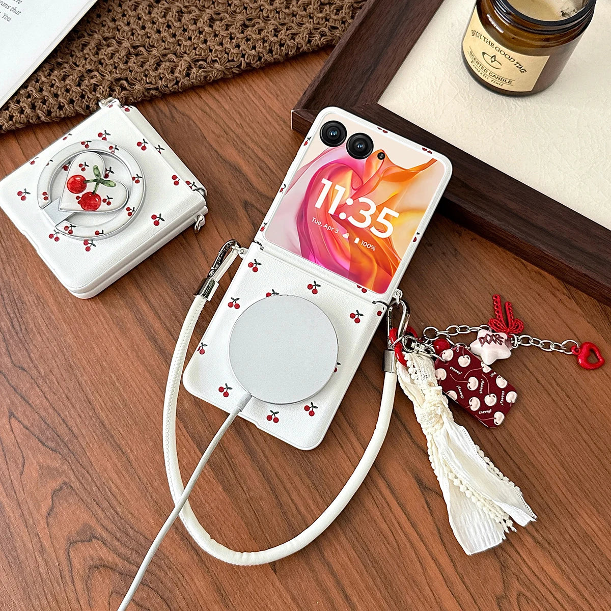Cherry Print Magnetic Phone Case with Detachable Wrist Strap