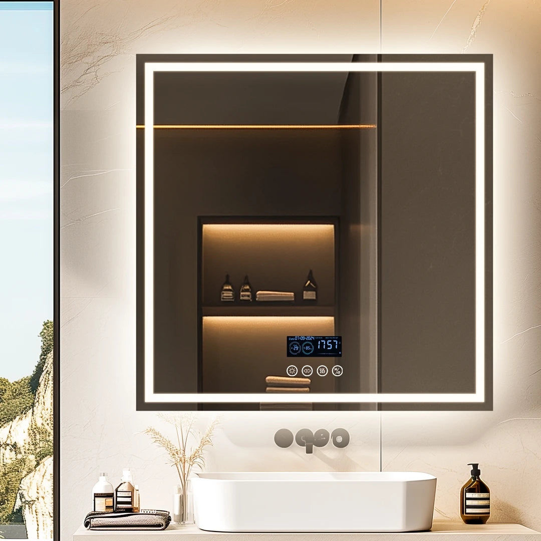 LED Bathroom Mirror 800mm Square Wall Bluetooth Clock