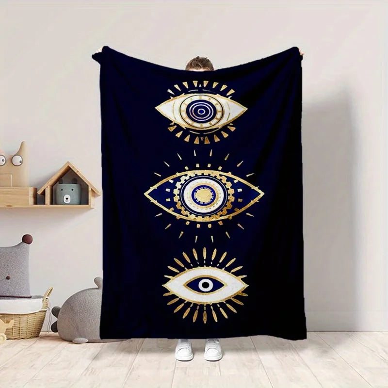 [Soft Polyester Flannel Blanket] Soft Polyester Flannel Evil Eyes Geometric Pattern Blanket - Machine Washable,