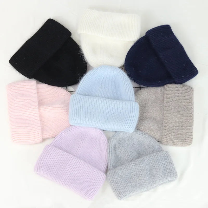 Warm Cashmere Wool Beanie For Women Rabbit Fur Threefold Cap