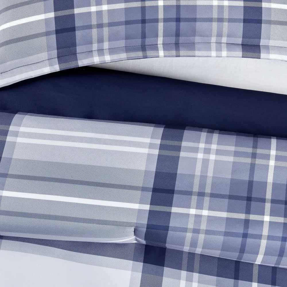7-Piece Full Bedding Set Antimicrobial Stain Resistant Hypoallergenic Polyester Blue Plaid Bed-in-a-Bag Comforter Sheet