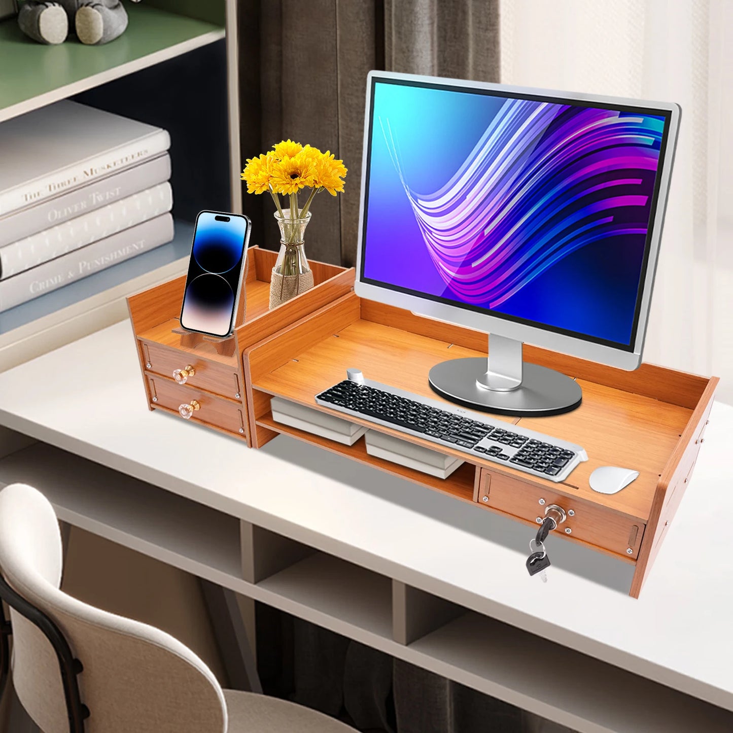 Computer Monitor Stand with Storage Drawers, Wooden Desktop Monitor Riser & Laptop Stand Organizer for Home Office