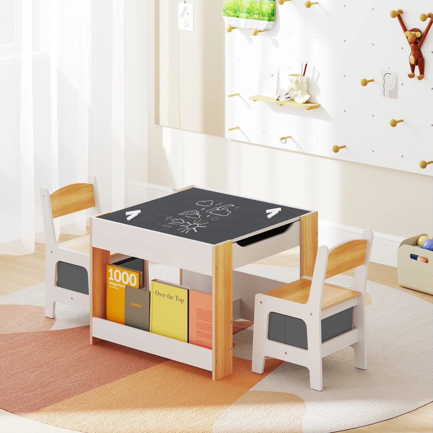 4-in-1 Kids Activity Table & Chair Set with Bookshelves and Storage Bins