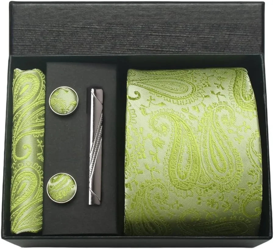 Luxury 100% Silk Paisley Floral Men’s Necktie Set | Business Tie with Matching Pocket Square & Formal Accessories