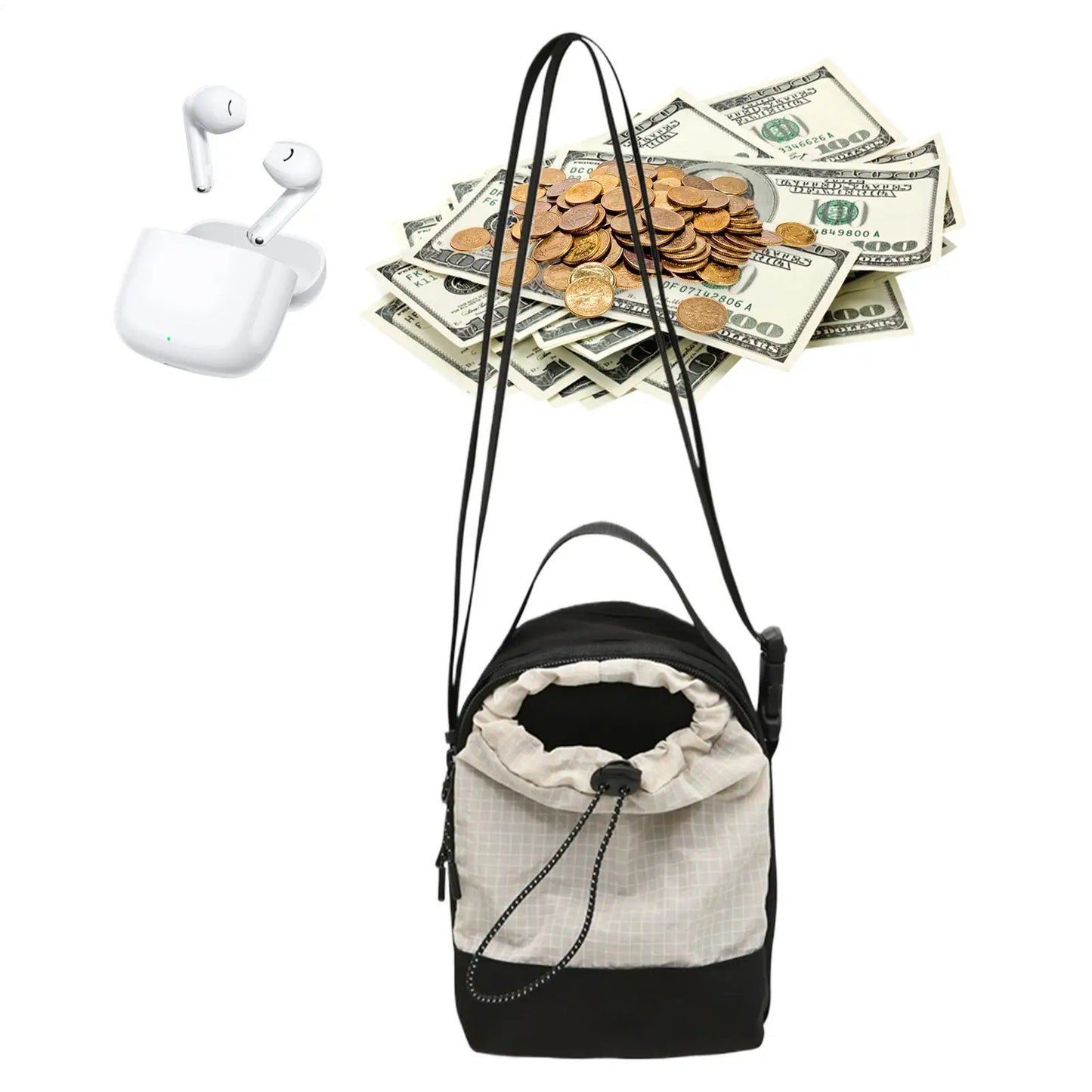 Mini Drawstring Messenger Bag. Lightweight Bucket Shoulder Bag for Travel, Shopping & Everyday Use