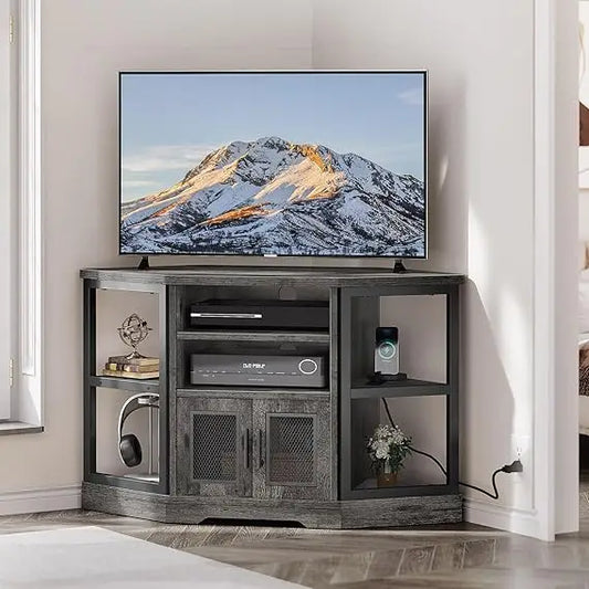 Corner TV Stand for TVs up to 55/50 Inch with Power Outlet, Modern Farmhouse Entertainment Center, Wood TV Media Console with S