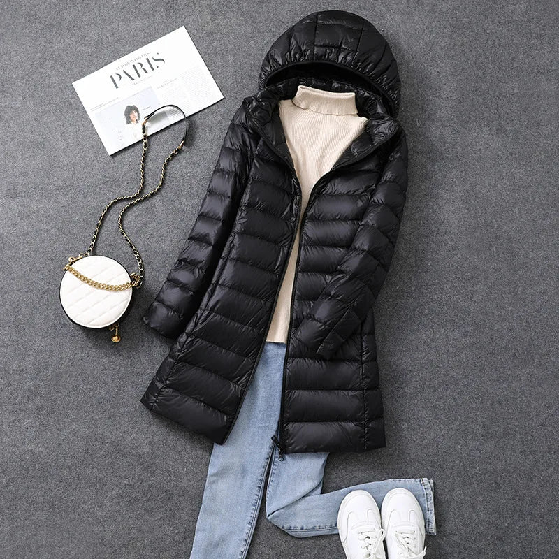 Women's Long Hooded Puffer Jacket – Lightweight Quilted Winter Coat with Detachable Hood