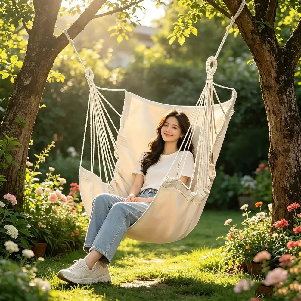 Outdoor Hanging Hammock Chair | Soft Breathable Cotton Swing Chair for Patio, Porch, Garden & Indoor Relaxation