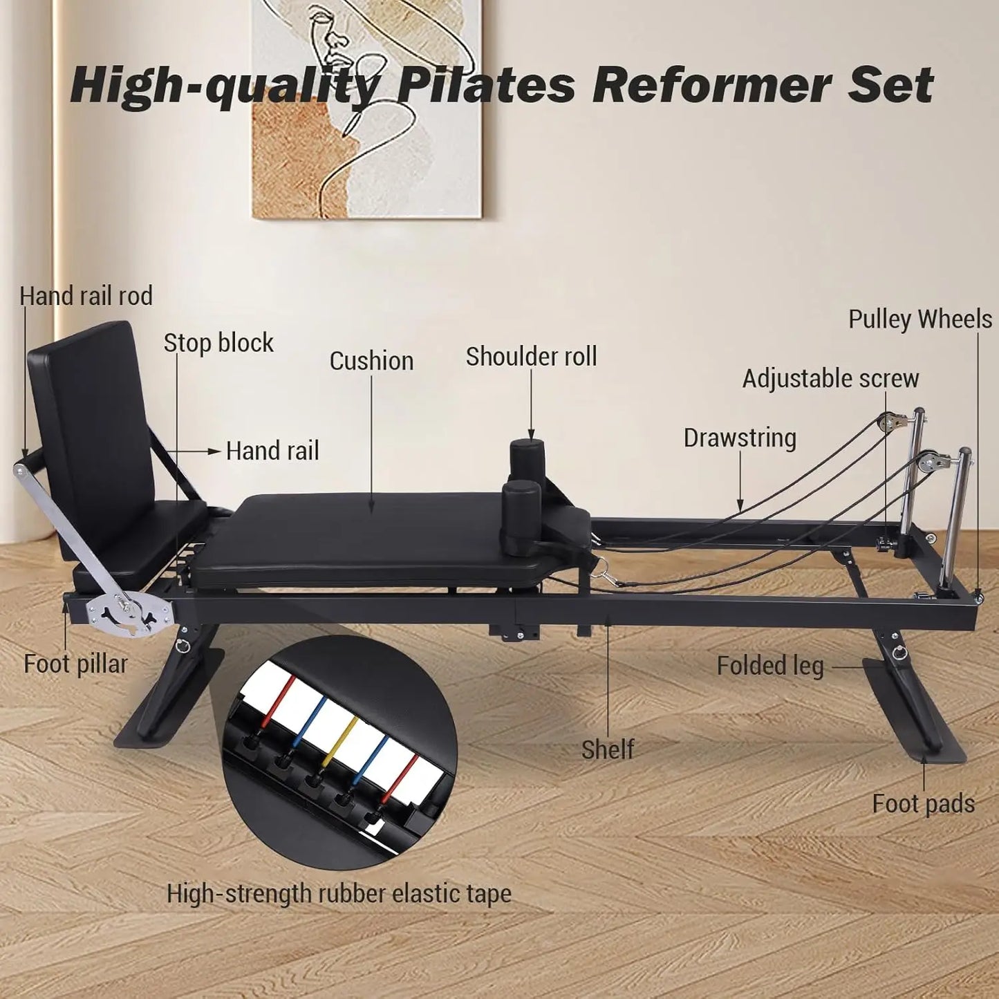 Foldable Pilates Reformer Machine with Adjustable Resistance for Full Body Home Workouts
