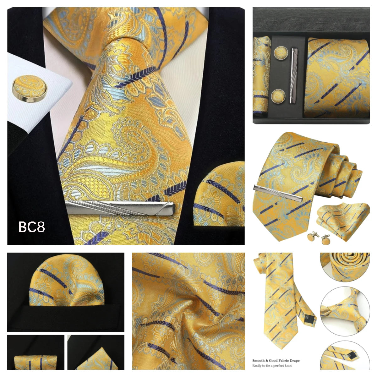 Luxury 100% Silk Paisley Floral Men’s Necktie Set | Business Tie with Matching Pocket Square & Formal Accessories