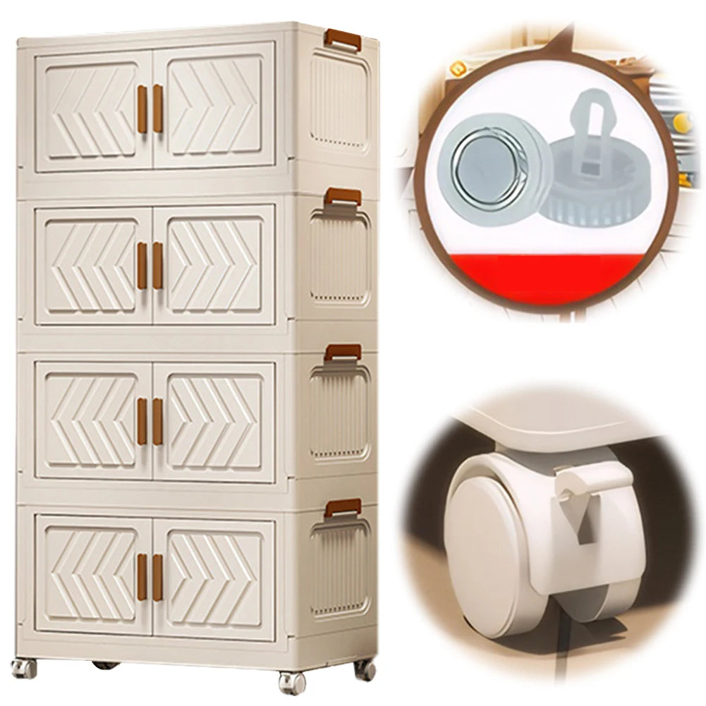 4 Tier Stackable Box Organizers Foldable Organization with Doors and Wheels Folding Storage Cabinet Shelf for Home Office Dorm