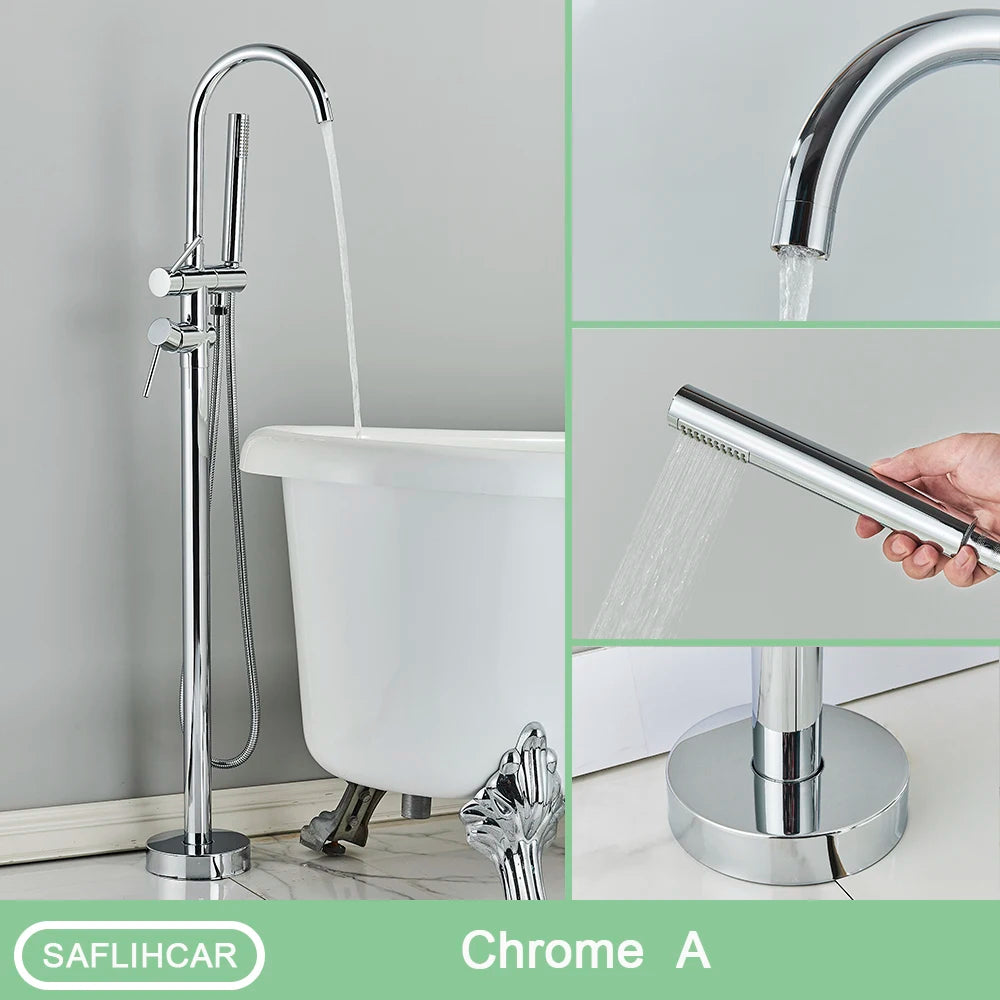 Black Bathroom  Bathtub Faucet With Hand Shower  Hot and Cold Faucet Floor Mounted Tub