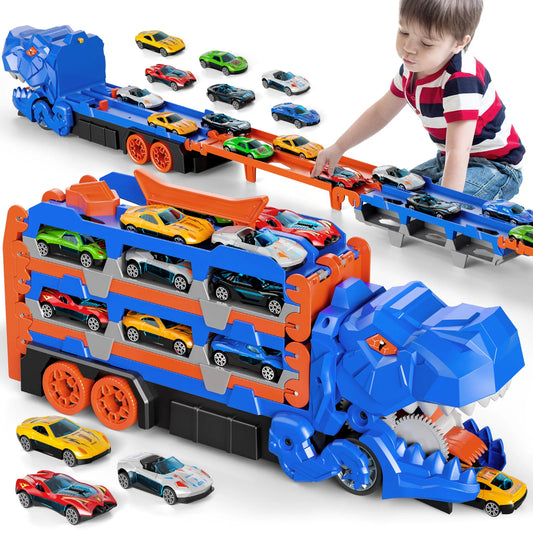 59in Foldable And Catapult Dinosaur Transport Truck Toys With 12 Die-Cast Racing Cars For Kids 3-8 Age Birthday Gift Toys Sets