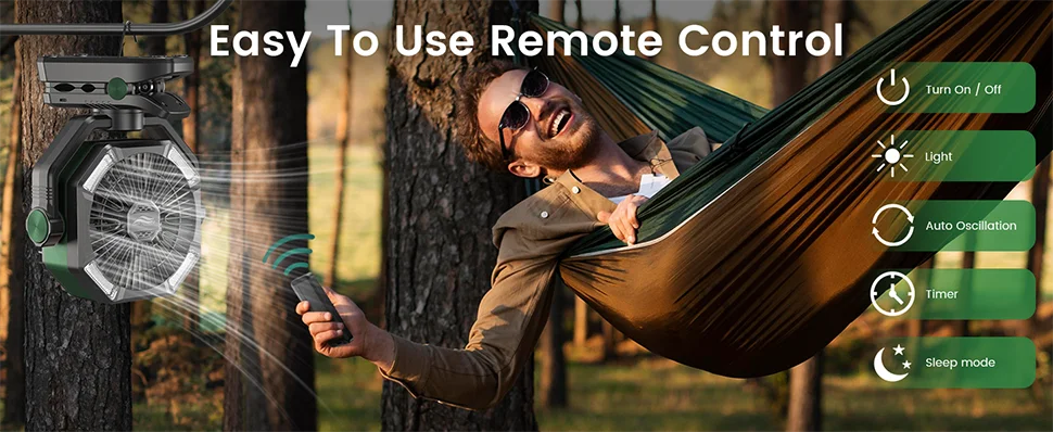 SKYTOO Rechargeable Camping Fan – 20,000mAh Portable Battery Fan with LED Lantern, Remote Control & Hanging Hook for Camping, RV, Tent & Emergency Use