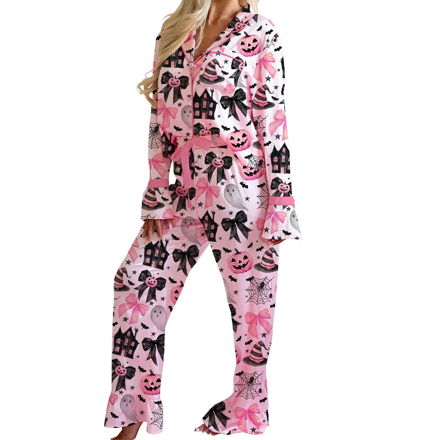 Women s Halloween Pajamas Set with Spooky Print Button Down Lapel V Neck Long Sleeve Tops and Matching Pants for Cozy Lounge
