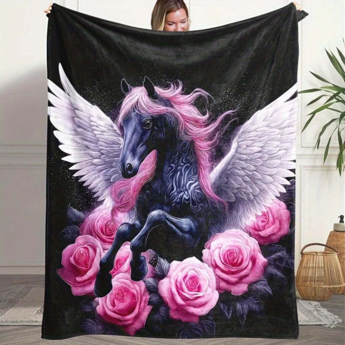 Mystical Pegasus Rose Flannel Blanket.Ultra Soft Cozy Throw for Bed, Sofa & Relaxation