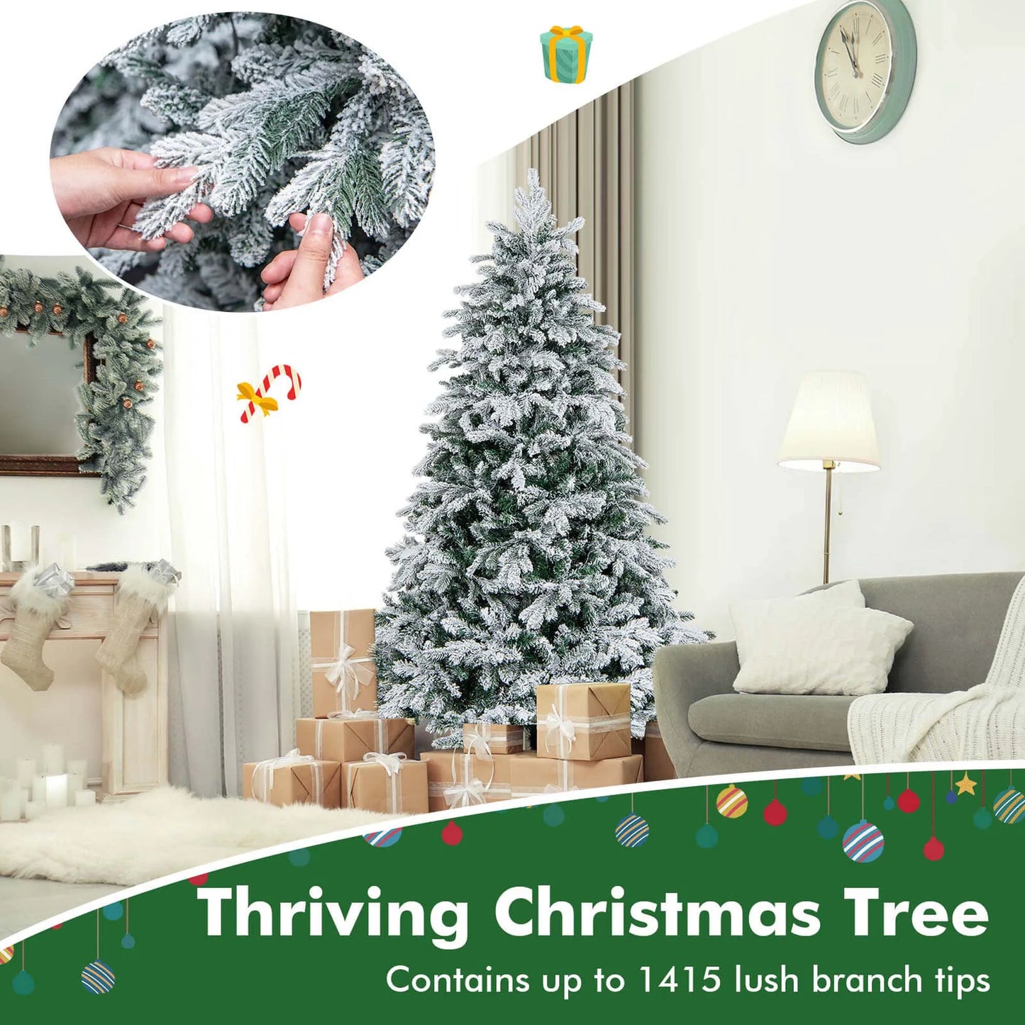 4.5FT–7FT Flocked Artificial Christmas Tree .Premium Snow-Flocked Holiday Tree with Metal Stand