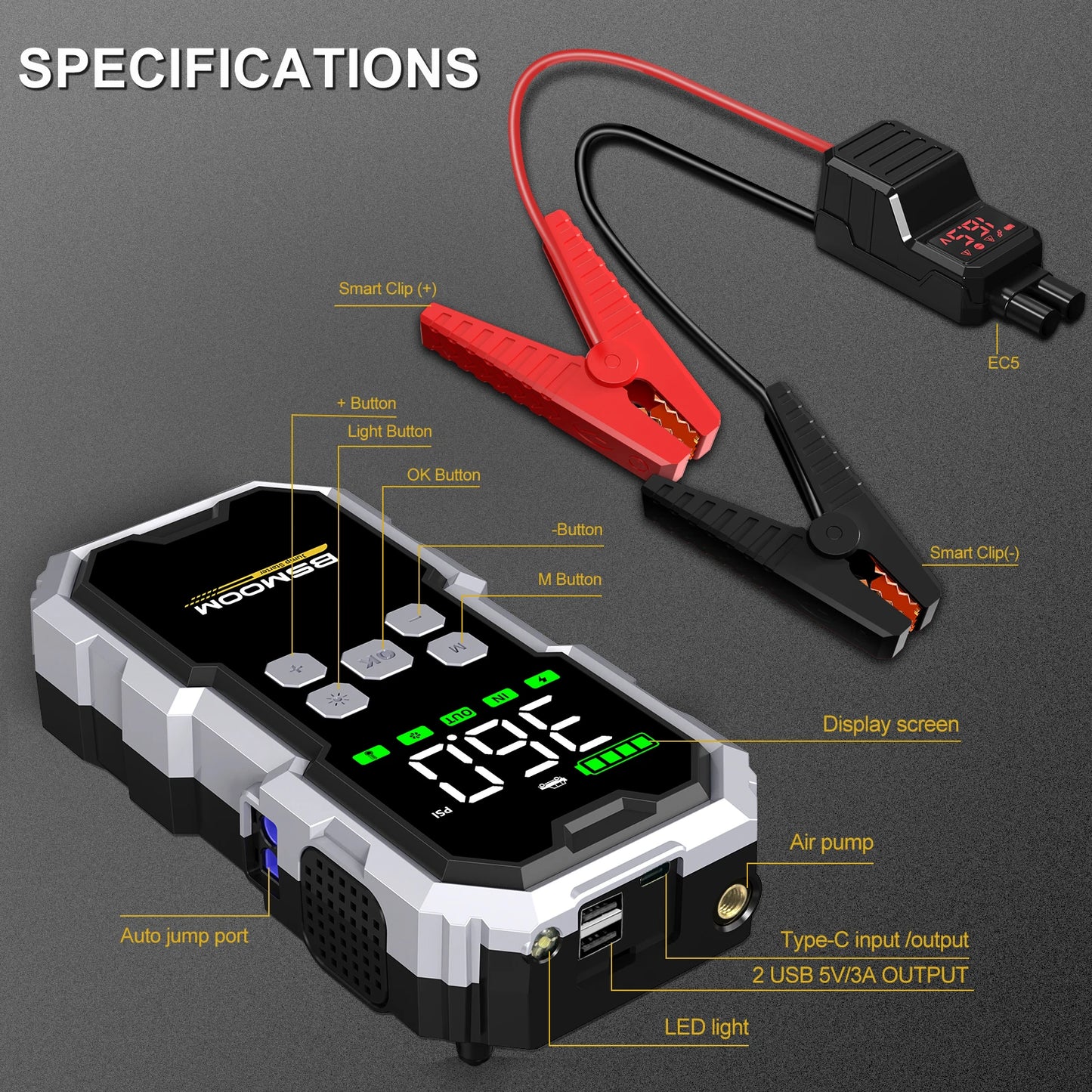 Portable Car Jump Starter with Air Compressor LCD Display 21800mAh Battery Pack