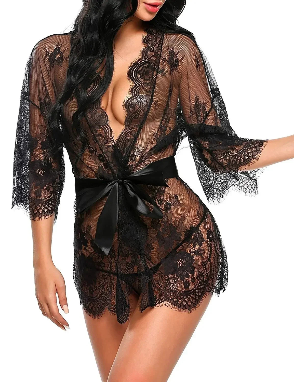 Women's Sheer Lace Robe. Floral Mesh Lingerie Nightgown with Ruffle Trim
