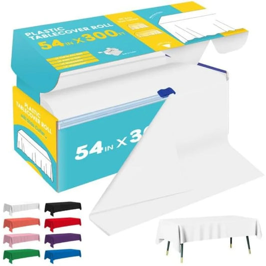 White Plastic Table Cover Roll 54IN x 300FT Disposable Table Cloth with Slide Cutter for Rectangle Tables CuttoSize Design Idea