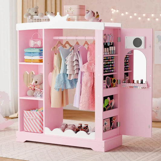 Kids Armoire with Jewelry Cabinet, Mirror & Shelves, Pink Costume Wardrobe
