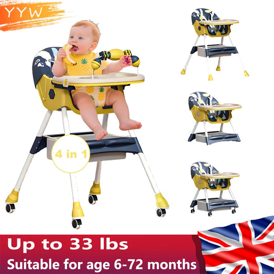 Foldable Baby High Chair with Double-Layer Dinner Plate and Toy Rack Eat & Play Convertible Dining Chairs For 6 Months Plus Baby