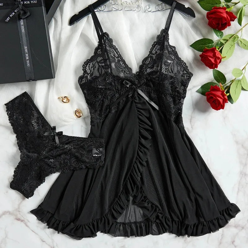 Women's Floral Lace Baby doll Lingerie Set. Sheer Nightdress with Matching Panties
