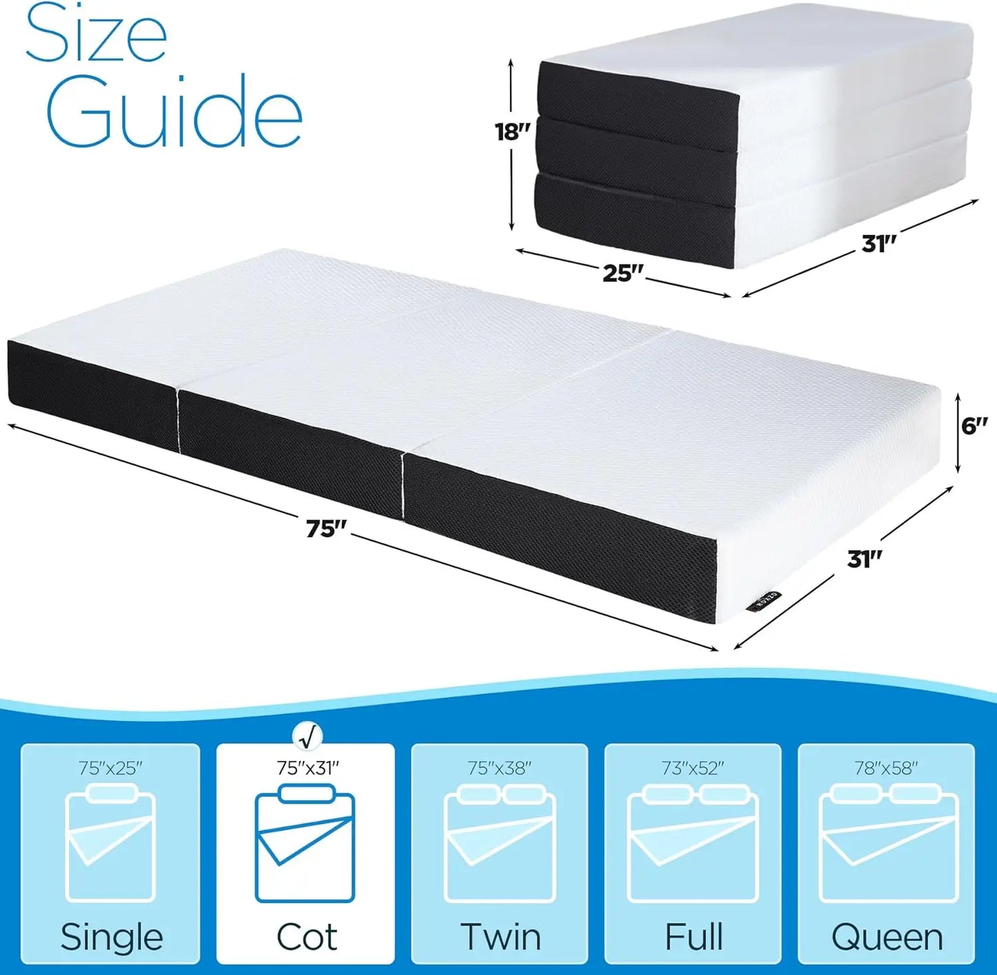 Folding Mattress, 6 inch Cot Tri-fold Memory Foam Mattress Topper with Washable Cover,Cooling Mattress Pad for College Dorm Sing