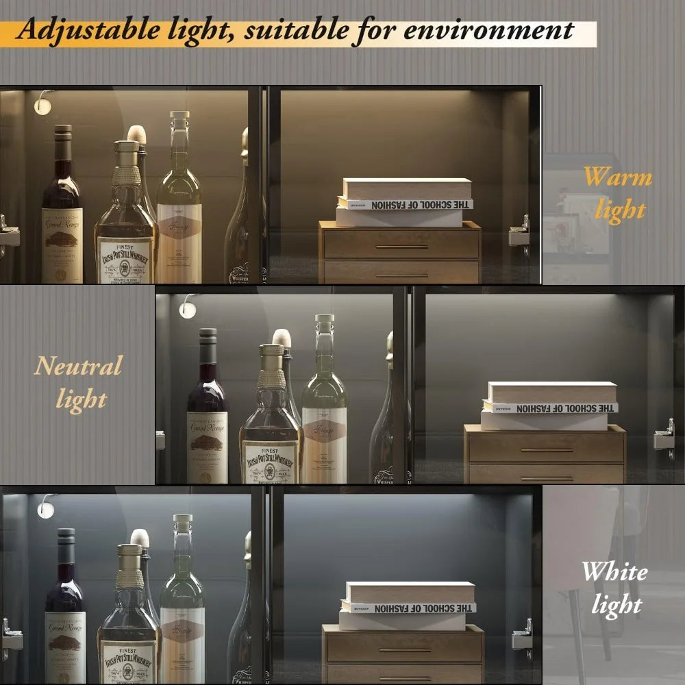 Display Cabinet with Lights, Glass Cabinet with Doors and 4 Tier Shelves, Bookcase Display Case for Collectible, Living Room Of