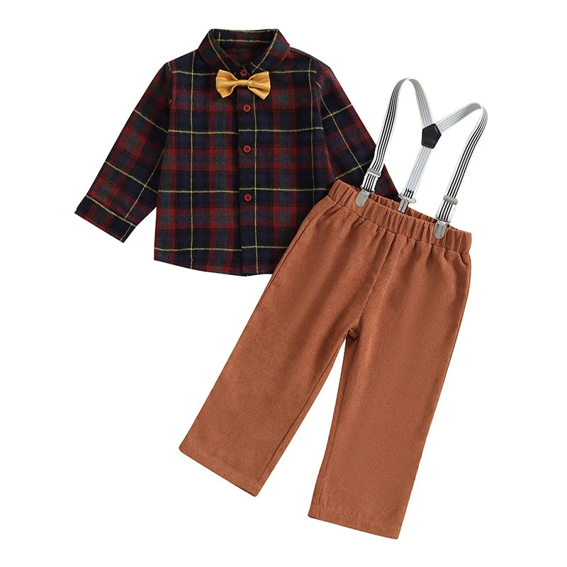 2023-10-20 Lioraitiin 1-7Y Kids Boys Christmas Outfit Plaid Bowtie Lapel Button-Down Shirts Tops Solid Suspender Pant 2Pcs