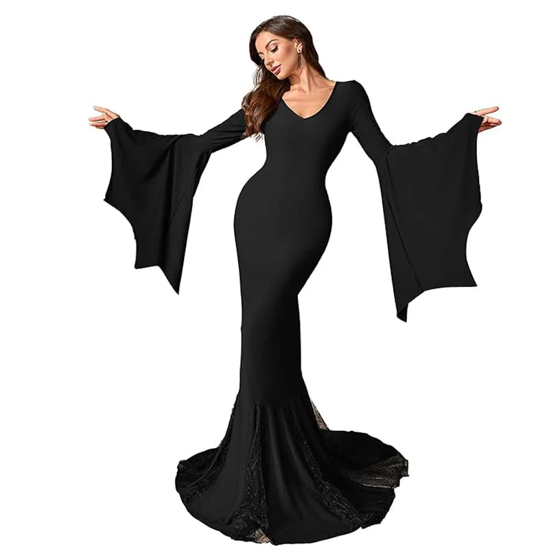 Gothic Mermaid Evening Dress Witch Halloween Morticia Addams Costume, V-Neck Bell Sleeves, Black Lace Train, Floor Length