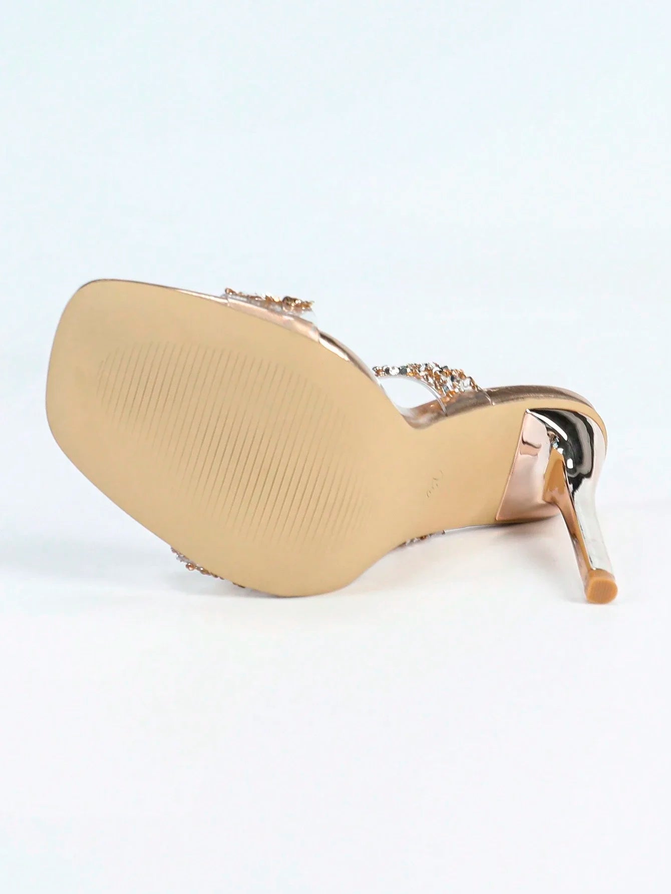 Women Champagne Metallic Stiletto Heel Jelly Sandals With Rhinestones Double Strap Slip-On Square Toe