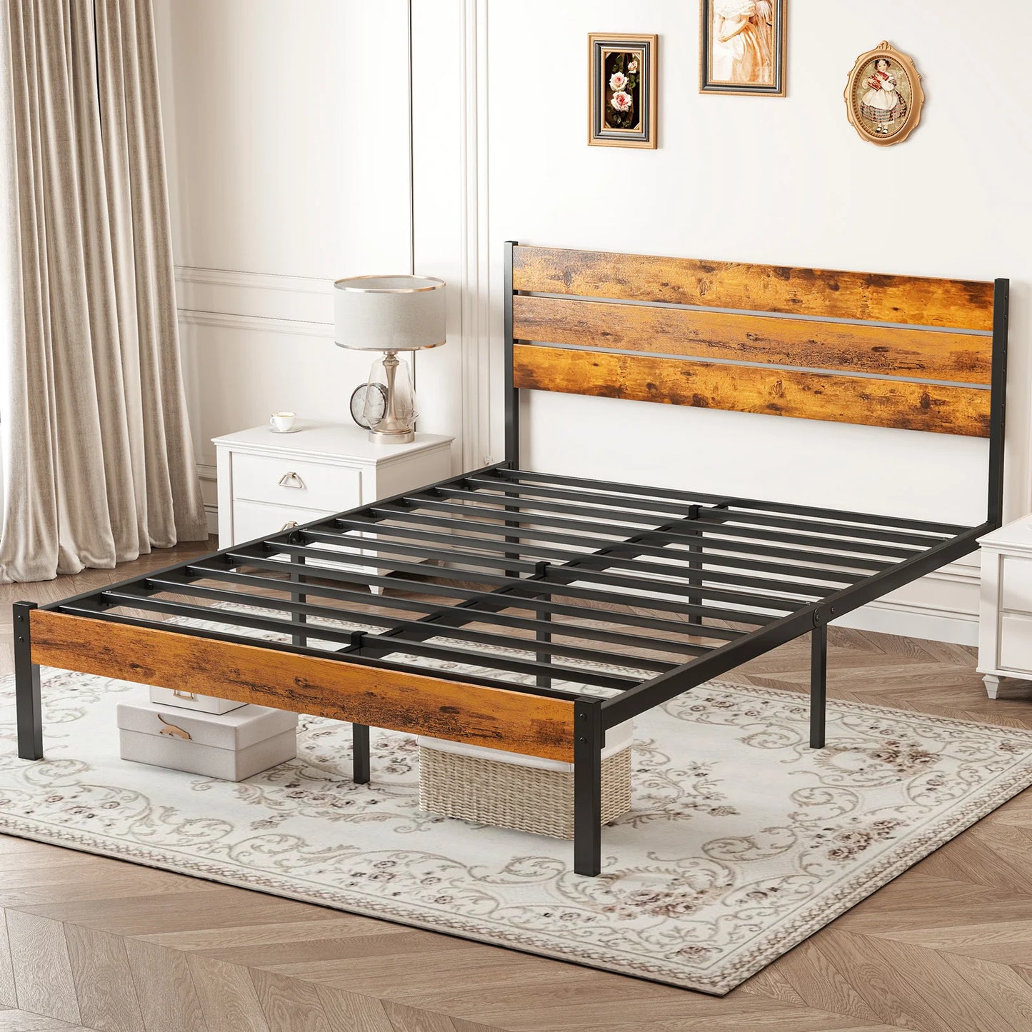Rustic Wooden Headboard Metal Platform Bed Frame with 700LB Support