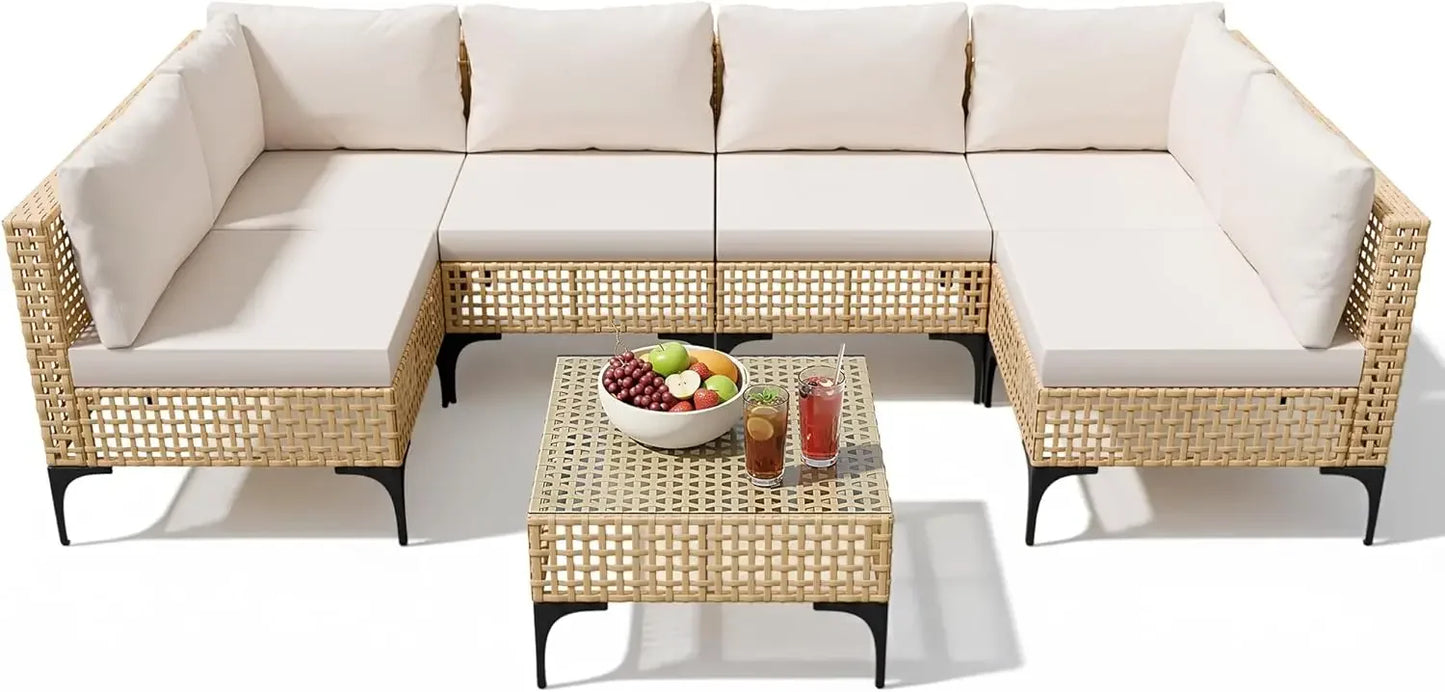 Devoko 7 Piece Outdoor Wicker Sectional Patio Furniture Set with Cushioned Seating