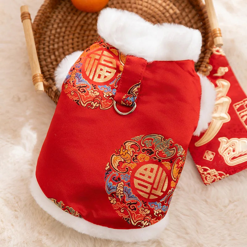 New Year Dog Dragon Robe Costume Warm Cat Cheongsam Winter Pet Vest of The Tang Dynasty Christmas Coat for Cat Teddy Bichon Dogs