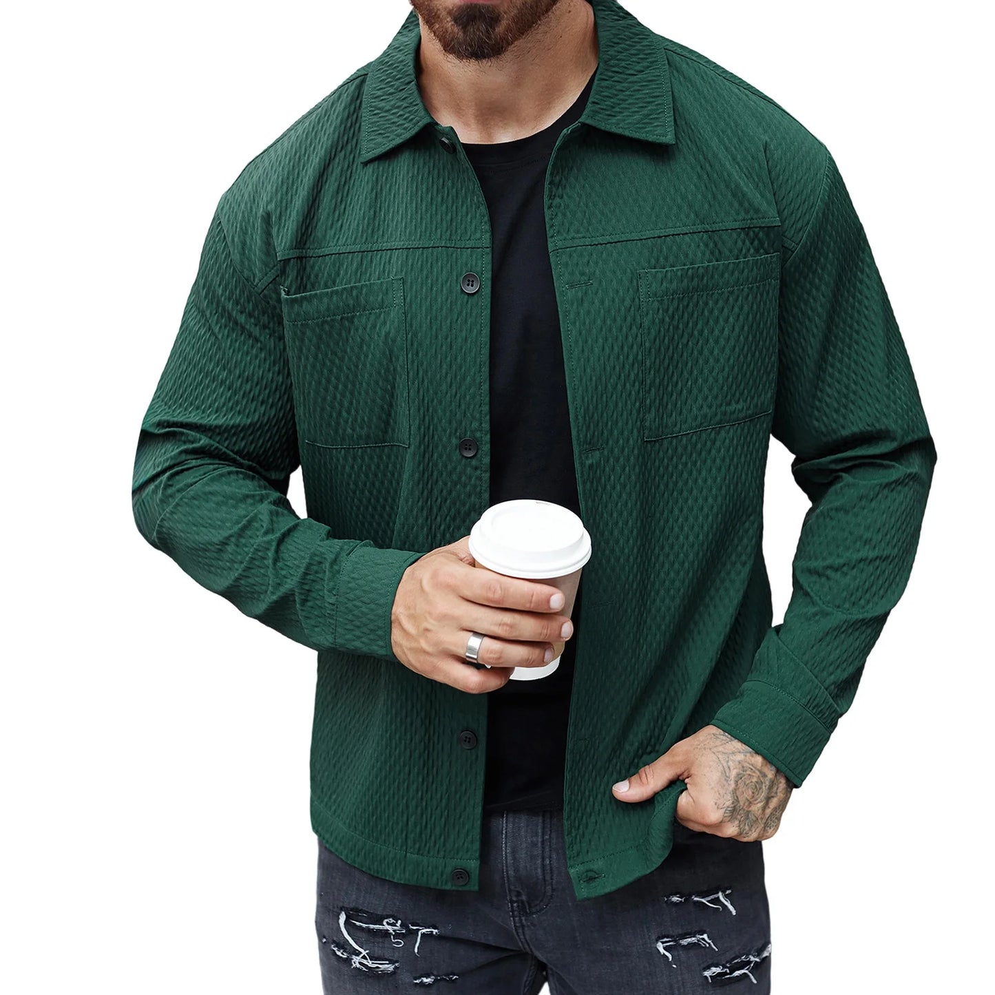 Men s Casual Shirt Jacket Regular Fit Solid Color Long Sleeve Button-up Tops Spring Fall Streetwear Fashion Outwear Coat