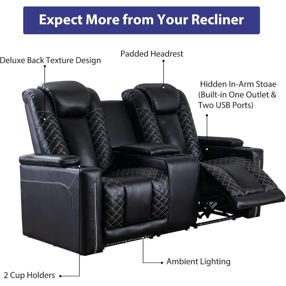 Home Theater Seating, Electric Power Recliner Chairs with USB Ports and Cup Holders, Breathable Faux Leather Recliner Set with