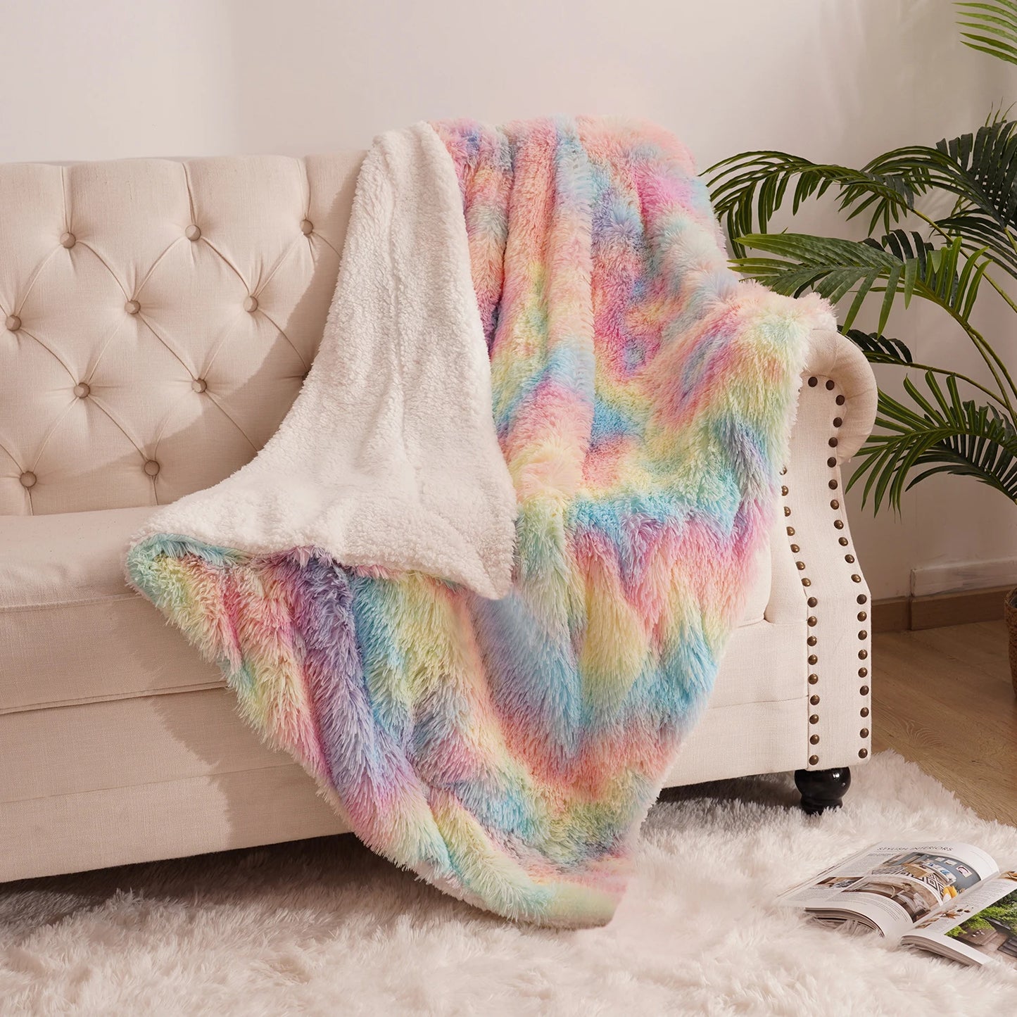 Soft Rainbow Fluffy plush blanket Bedspread bed.