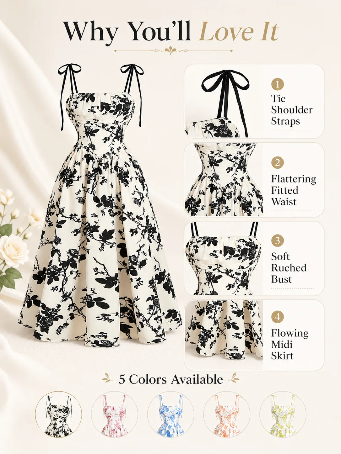 Women’s Floral Tie Shoulder Midi Dress | Square Neck Smocked Back A-Line Summer Sundress