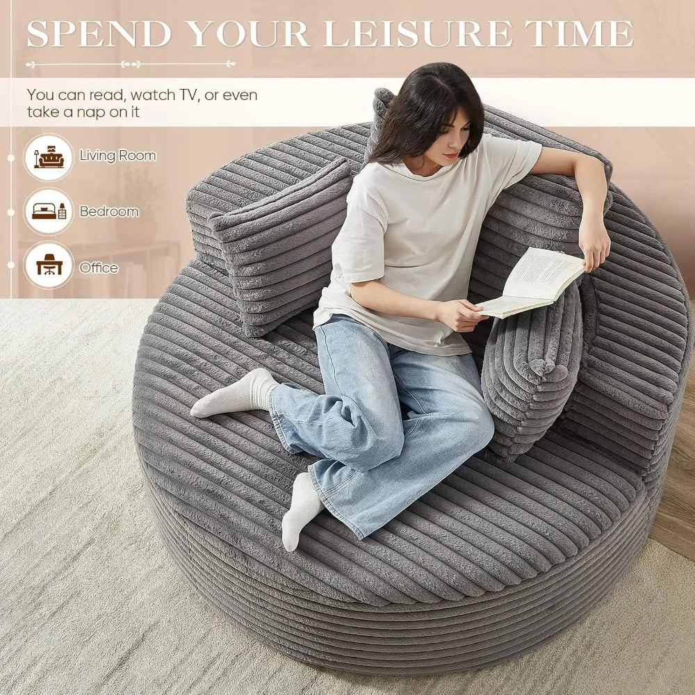 Oversized Round Chaise Longue Chair Indoor, Modern 55-inch Upholstered Corduroy Deep Seat Circle Single Cloud Lounge Floor Sofa