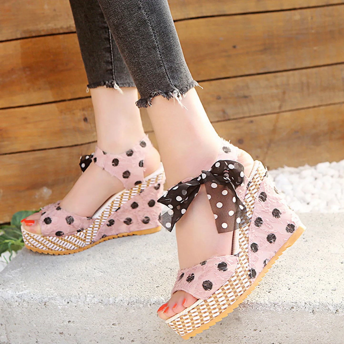 2025 Women Sandals Lace Casual Boknot Soft Wedges Heeled Women Sandals Summer Sandals Party Platform High Heels Shoes Woman